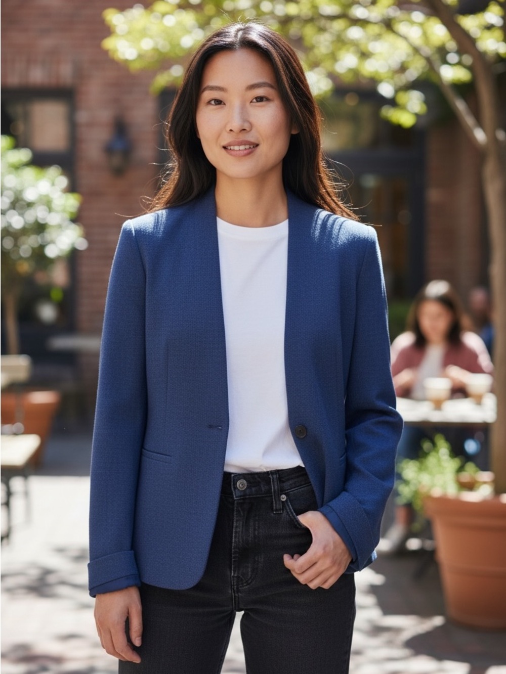 LOFT Women's Deep Blue Single-Button Textured Blazer